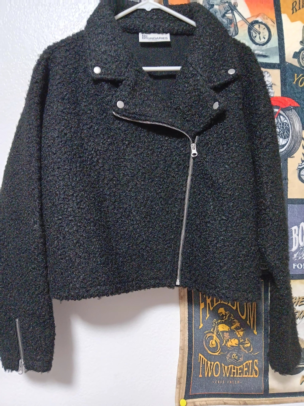 No Boundaries Black Teddy Bouclé Moto Jacket with Silver Hardware